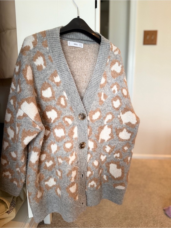Mango Sweaters - Mango Gray, Camel & Cream Leopard-Print V‑Neck Cardigan